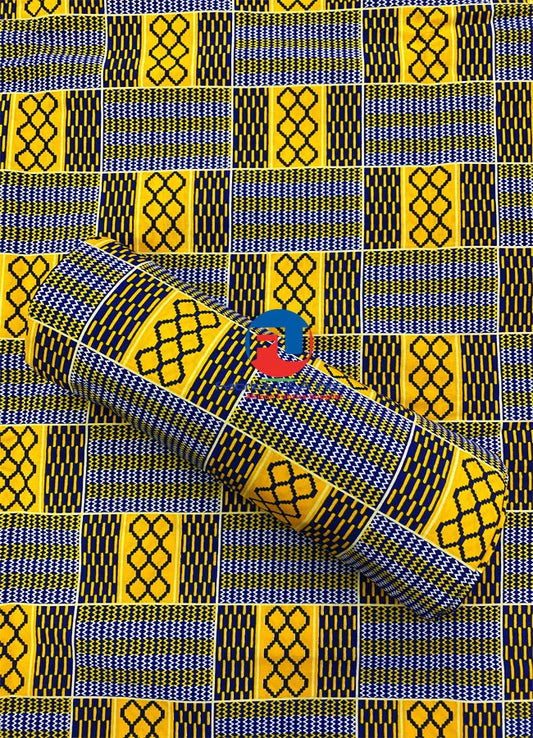 African Kente Cloth;  Yellow, Blue, White