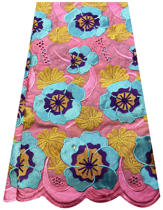 Embroidery Swiss Voile Lace with Stone-Pink  Purple Gold Turquoise