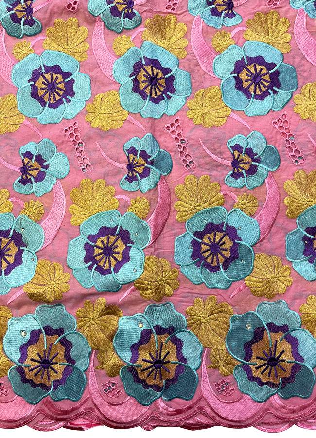 Embroidery Swiss Voile Lace with Stone-Pink  Purple Gold Turquoise