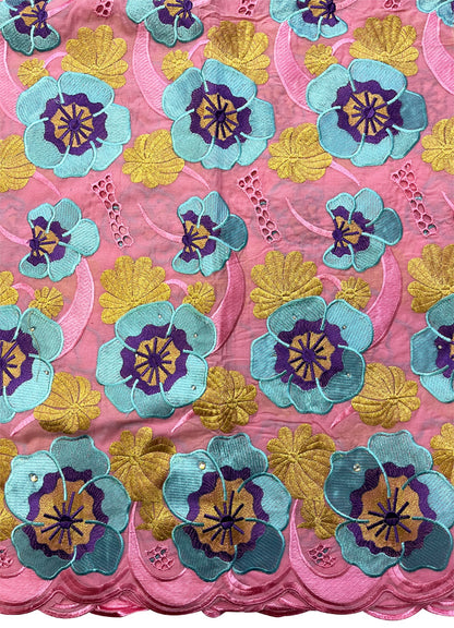 Embroidery Swiss Voile Lace with Stone-Pink  Purple Gold Turquoise