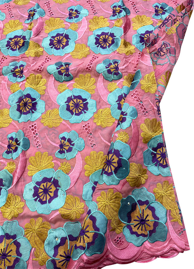 Embroidery Swiss Voile Lace with Stone-Pink  Purple Gold Turquoise