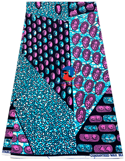 Ankara Print Fabric- Motherhood Pattern- Pink, Turquoise, Black, Dark-Blue, White