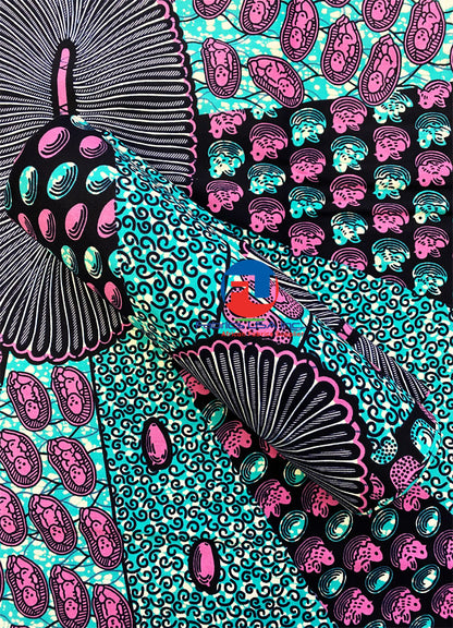 Ankara Print Fabric- Motherhood Pattern- Pink, Turquoise, Black, Dark-Blue, White