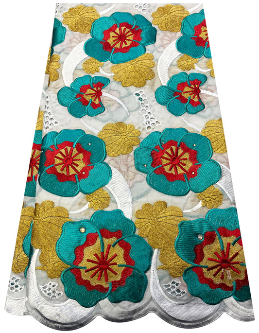 Embroidery Swiss Voile Lace with Stone- Gold, Apple-Green, White, Red