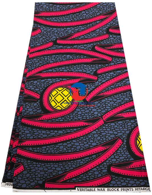 Ankara Wax Print Fabric- Ruby Pink, Lead-Gray, Yellow, Black