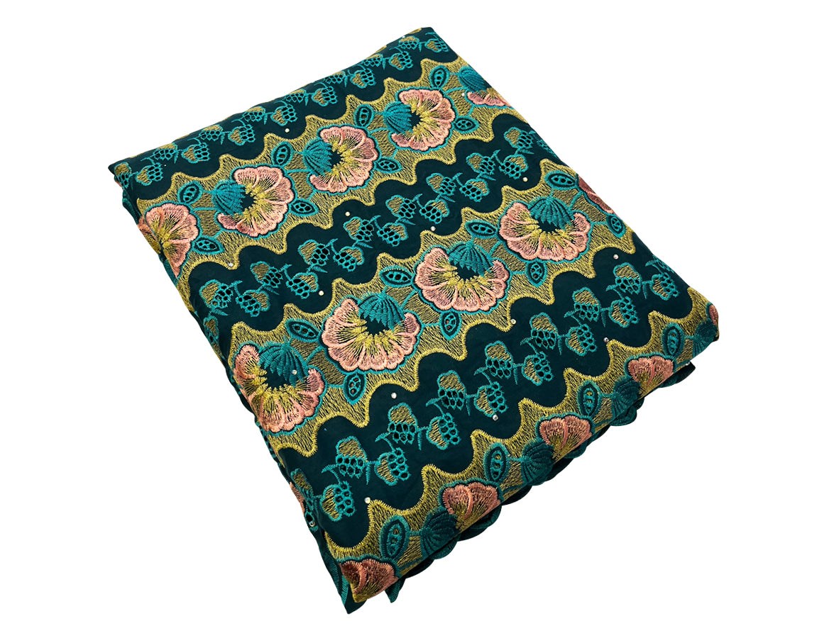 Swiss Voile Lace Teal Green Gold Peach
