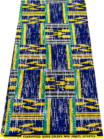 African Metallic Silver  Kente Prints in Authentic Design- Metallic Silver ,Apple-Green, Yellow, Black, Azure-Blue
