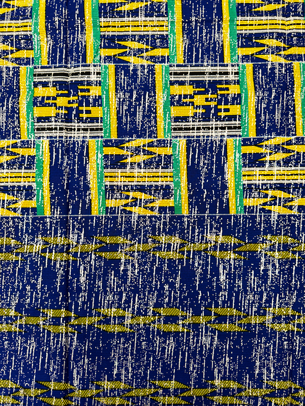 African Metallic Silver  Kente Prints in Authentic Design- Metallic Silver ,Apple-Green, Yellow, Black, Azure-Blue