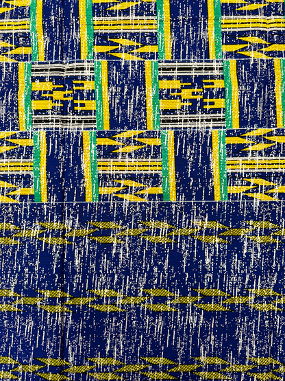 African Metallic Silver  Kente Prints in Authentic Design- Metallic Silver ,Apple-Green, Yellow, Black, Azure-Blue