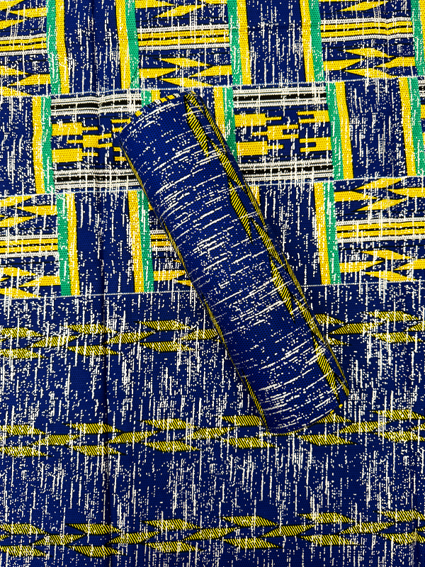 African Metallic Silver  Kente Prints in Authentic Design- Metallic Silver ,Apple-Green, Yellow, Black, Azure-Blue