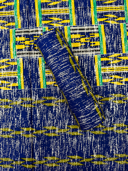 African Metallic Silver  Kente Prints in Authentic Design- Metallic Silver ,Apple-Green, Yellow, Black, Azure-Blue