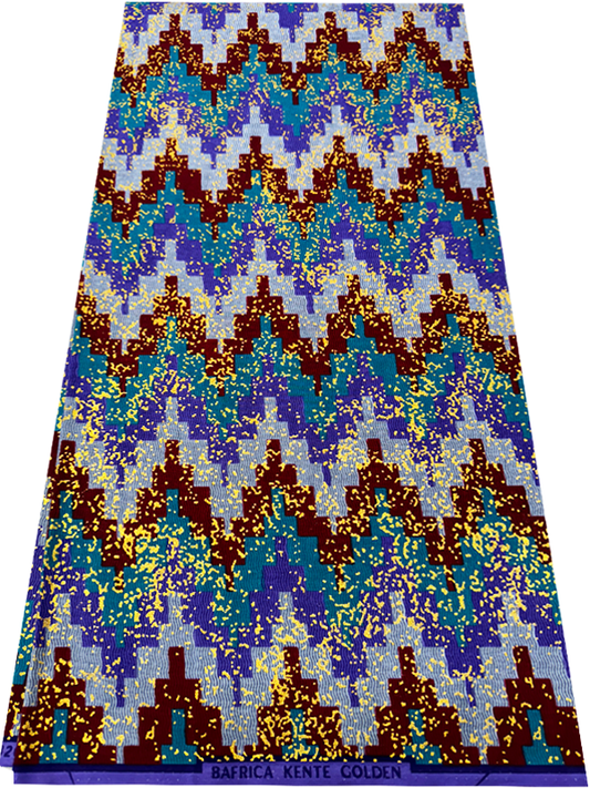 African Metallic Gold Kente Prints in Authentic Design- Metallic Gold, Sky-blue, Lilac, Dark-red