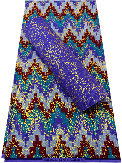 African Metallic Gold Kente Prints in Authentic Design- Metallic Gold, Sky-blue, Lilac, Dark-red