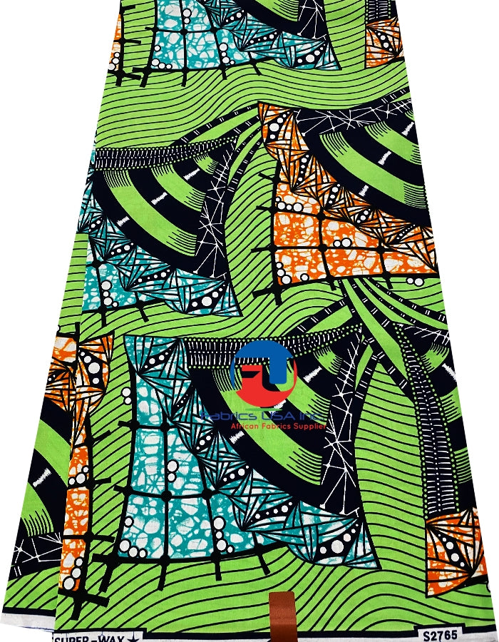 African Hollandais Print;Lime-Green,Teal-Green,Burn-Orange,White,Black,Dark-Blue