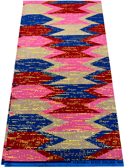 African Metallic Gold  Kente Prints in Authentic Design-Metallic Gold, Red, Pink, Blue, Ivory-Cream
