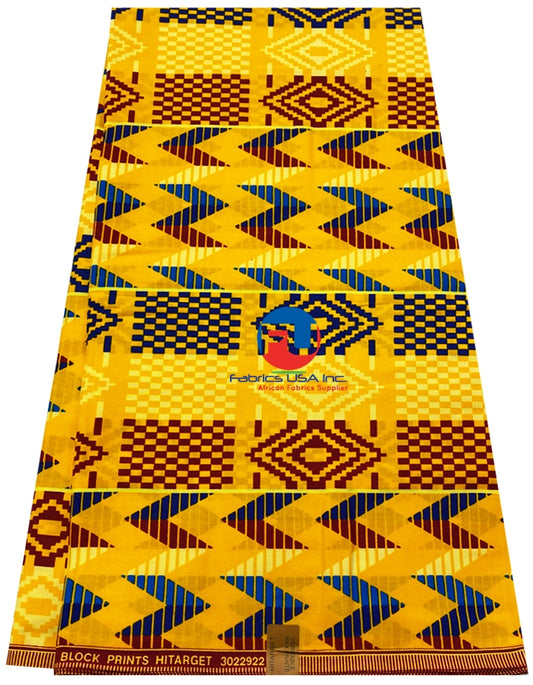 Kente Print; Wax Cotton Fabric, Yellow, Blue, Green, Red