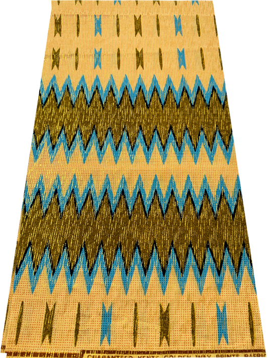 African Metallic Gold Kente Prints in Authentic Design- Metallic Gold, Ivory-Cream, Sky-Blue, Black, Brown