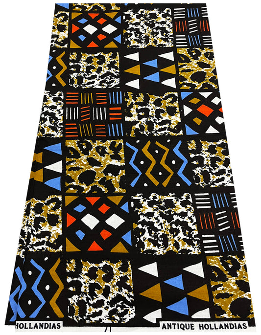 African Fabric Patchwork- Black White Brown Orange Blue