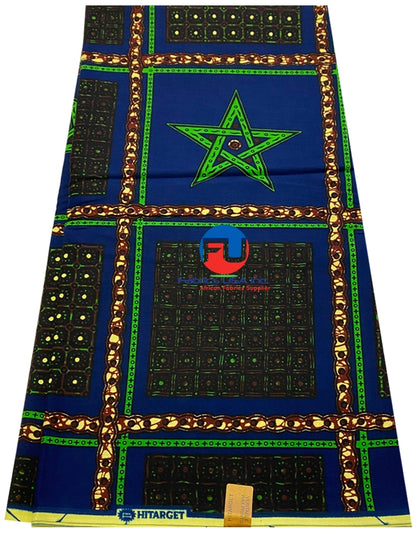 African Wax Print; Blue, Green, Cream, Dark Choco Brown