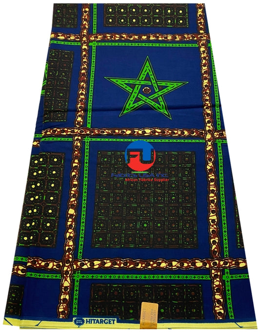 African Wax Print; Blue, Green, Cream, Dark Choco Brown