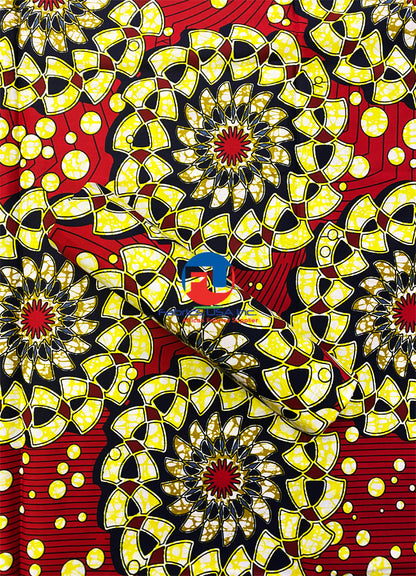 Veritable Block Prints Super Wax Print- Red, Yellow, White, Black, Olive-Green