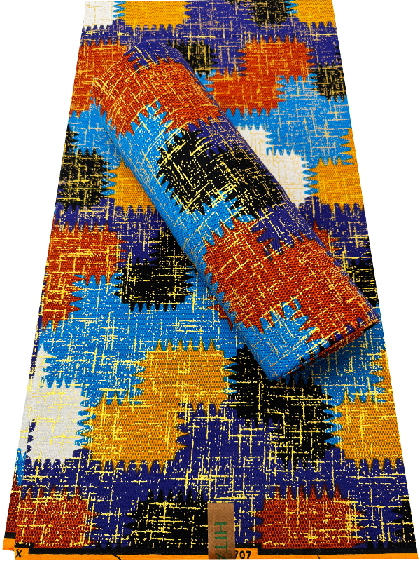 African Metallic Gold Kente Prints in Authentic Design- Metallic Gold, yellow, Orange, Purple, Black, White, Sky-blue