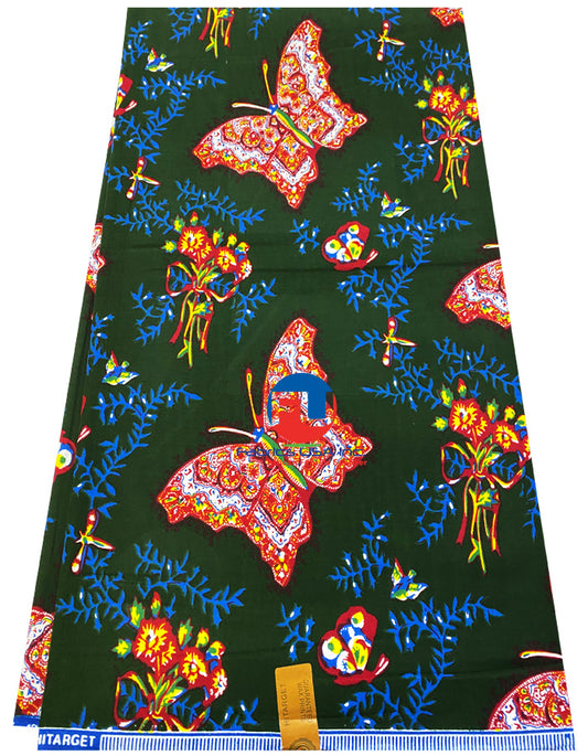 High Quality Hi-Target Design African Wax Print- Butterfly- Army-Green, Burnt-Orange, Yellow, White, Royal-Blue