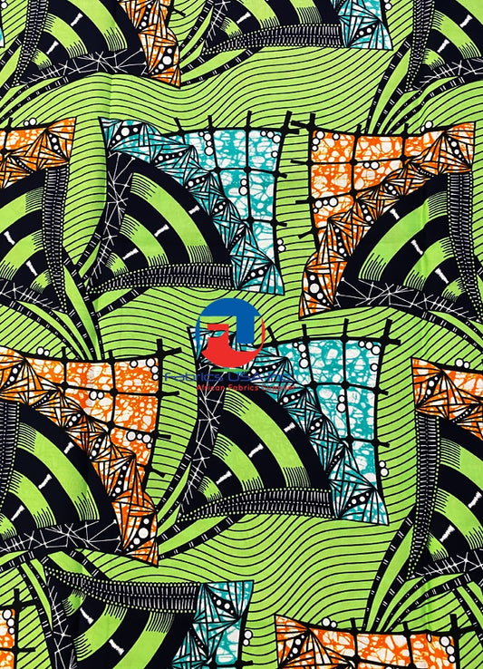 African Hollandais Print;Lime-Green,Teal-Green,Burn-Orange,White,Black,Dark-Blue