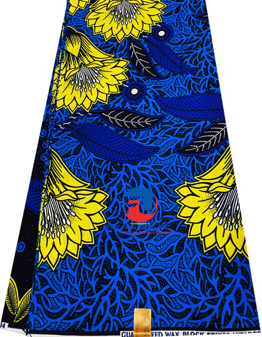 African Ankara Wax Printed, Floral- Royal-Blue,Yellow , Black