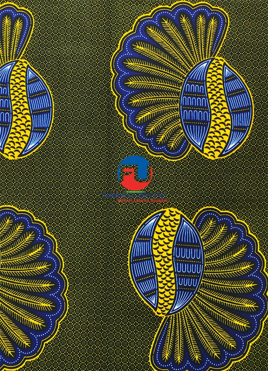 African Wax Print Fabric; Banana Blossom- Green, Yellow, Blue