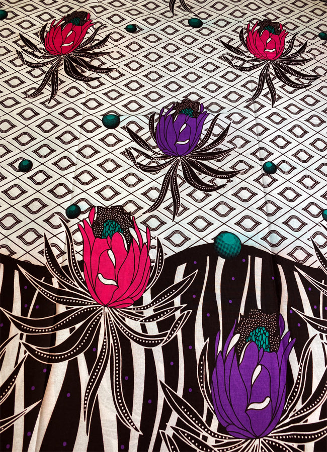 Guaranteed Wax Print- Floral Design- Purple Pink White Teal-Green Dark-Brown