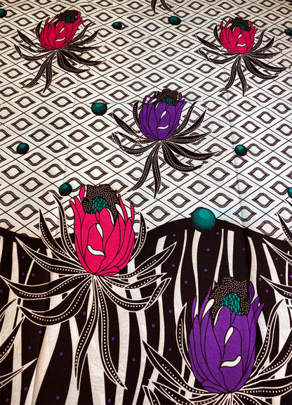 Guaranteed Wax Print- Floral Design- Purple Pink White Teal-Green Dark-Brown