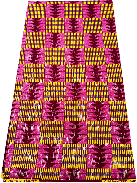 African Metallic Silver Kente Prints in Authentic Design- Metallic Silver, Magenta, Yellow, Pink