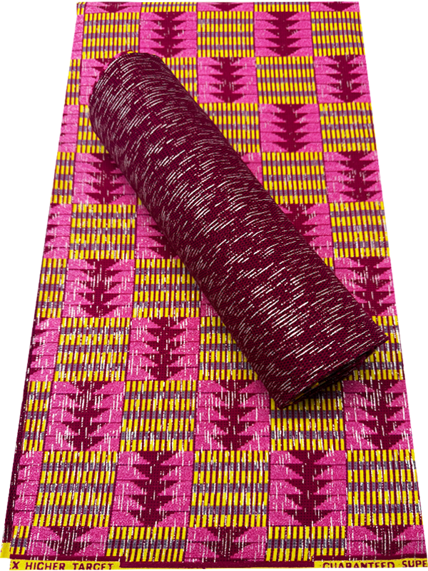 African Metallic Silver Kente Prints in Authentic Design- Metallic Silver, Magenta, Yellow, Pink