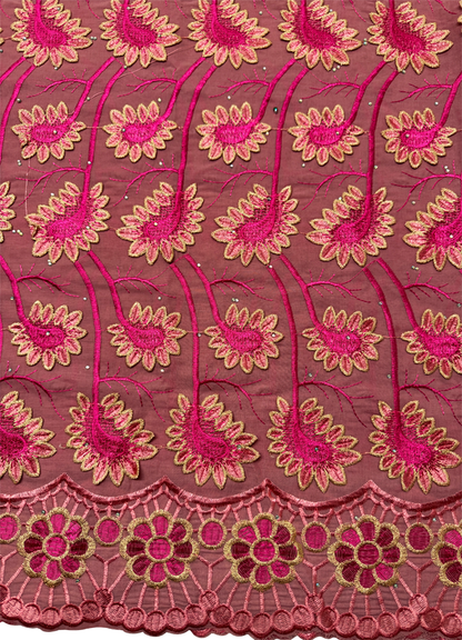 High End Super Quality Swiss Voile Lace-Pink, Light-Pink ,  Metallic Thread Gold- 3D