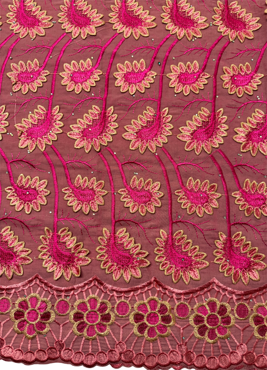 High End Super Quality Swiss Voile Lace-Pink, Light-Pink ,  Metallic Thread Gold- 3D