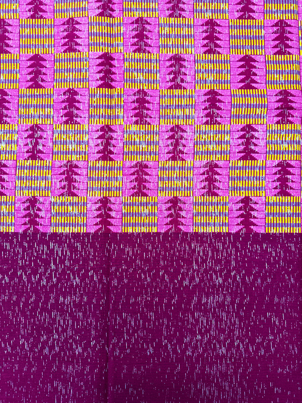 African Metallic Silver Kente Prints in Authentic Design- Metallic Silver, Magenta, Yellow, Pink