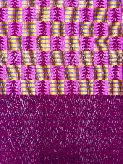 African Metallic Silver Kente Prints in Authentic Design- Metallic Silver, Magenta, Yellow, Pink