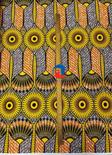 Load image into Gallery viewer, African Print Fabric  in Nylon Spandex 4 Way Stretch Fabric -Burnt-Orange, Yellow, Black, White, Fossil-Gray
