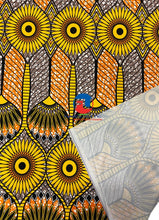 Load image into Gallery viewer, African Print Fabric  in Nylon Spandex 4 Way Stretch Fabric -Burnt-Orange, Yellow, Black, White, Fossil-Gray
