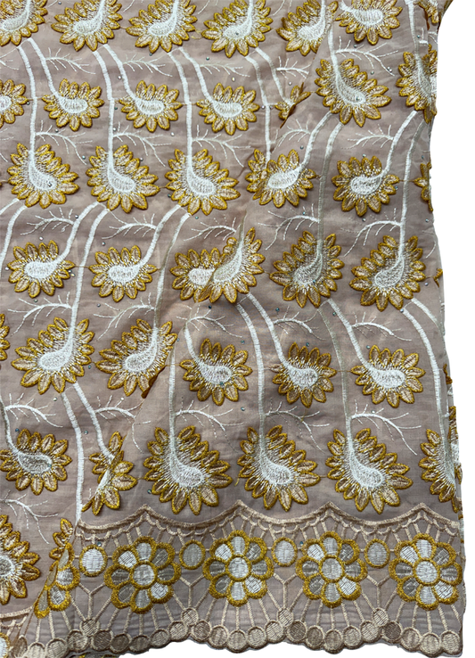 High End Super Quality Swiss Voile Lace-  Gold , Ivory-Cream and Metallic Thread Gold-3D