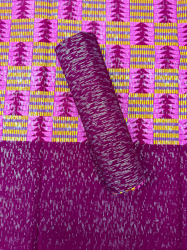 African Metallic Silver Kente Prints in Authentic Design- Metallic Silver, Magenta, Yellow, Pink