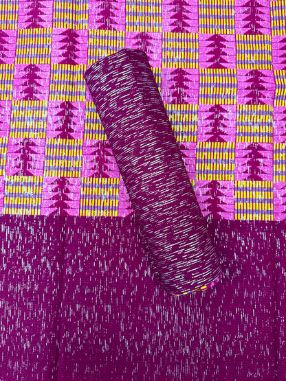 African Metallic Silver Kente Prints in Authentic Design- Metallic Silver, Magenta, Yellow, Pink