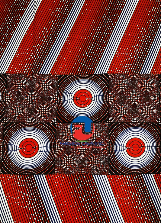 veritable ankara  wax block prints -red-orange, dark blue ,white , black