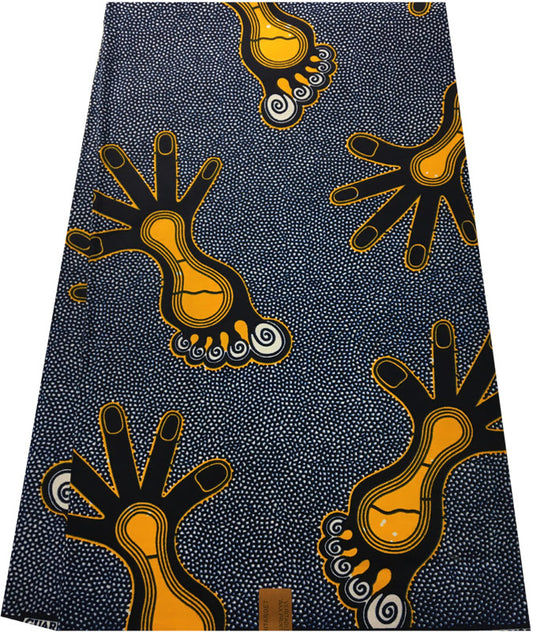 African Print Fabric; Oxford Blue, Yellow Orange