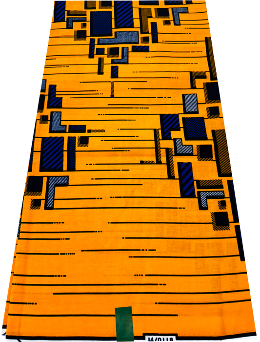High Quality African Wax Print - Building Design- Yellow, Black, White, Royal-Blue