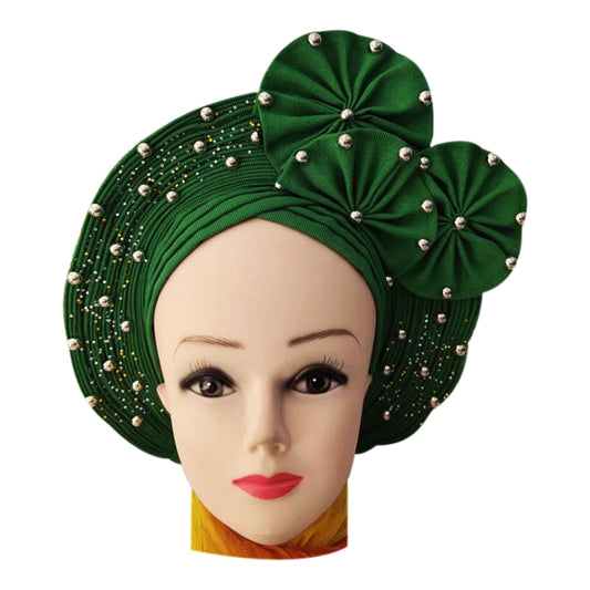 Auto Gele Nigeria Headtie African  Head Wraps Gele with Shoulder  Shawl/ Strap with Stones - For all Occasions-Green