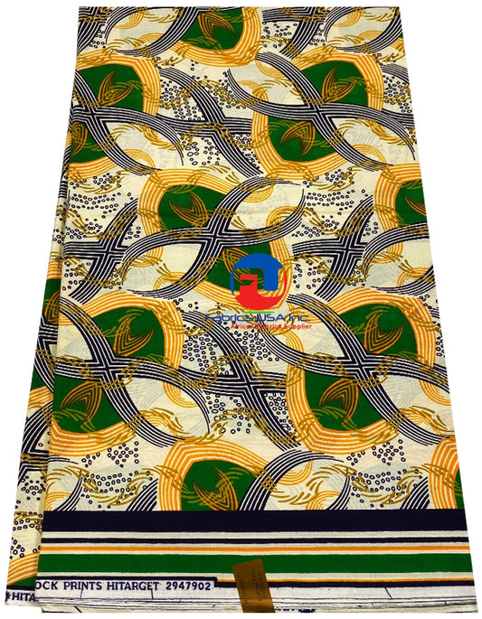 Exclusive Design African Wax Print; Gold, Orange, Lime-Green, Cream, Brown, Black, White
