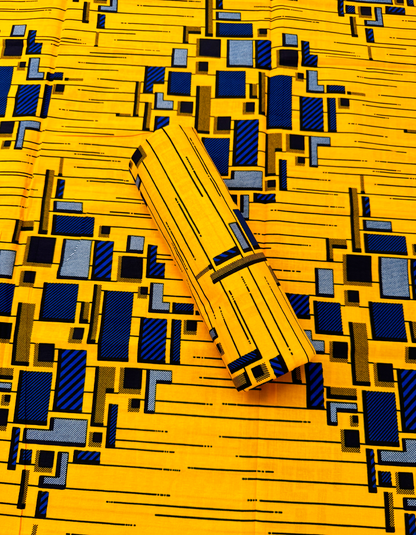 High Quality African Wax Print - Building Design- Yellow, Black, White, Royal-Blue