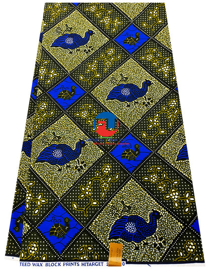 Veritable Wax Block Print Hi-Target- Peachicks- Royal-Blue, White, Olive-Green, Black